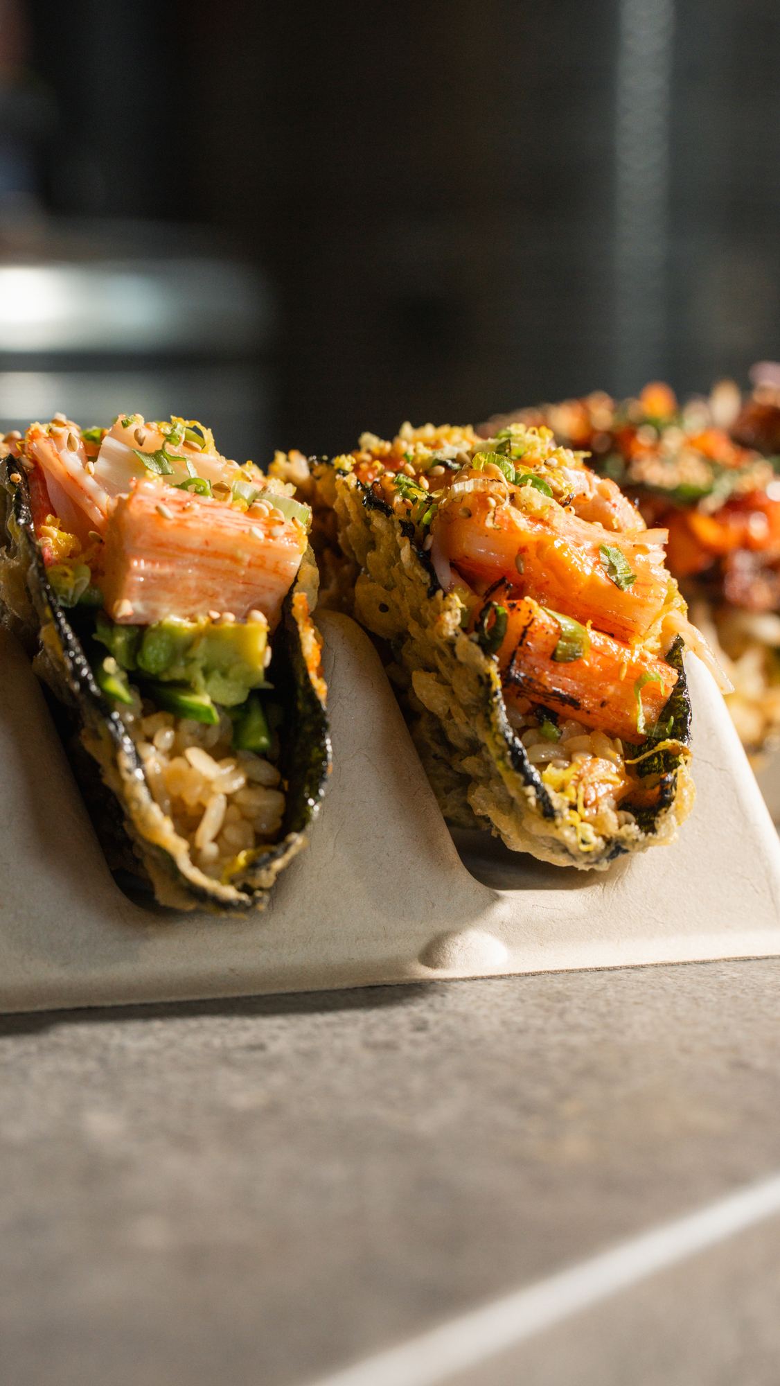 Crispy nori tacos with crab and avocado